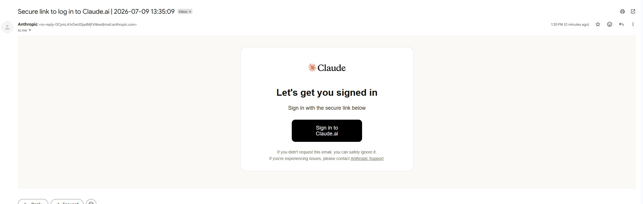 Письмо Anthropic со ссылкой Sign in to Claude.ai