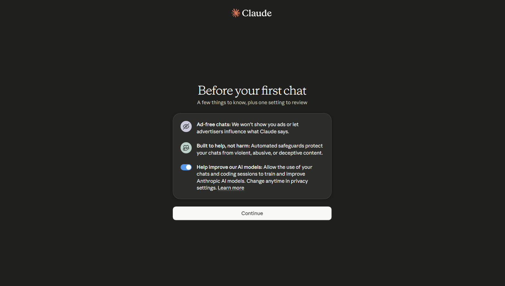 Экран Claude «Before your first chat» при входе через Google